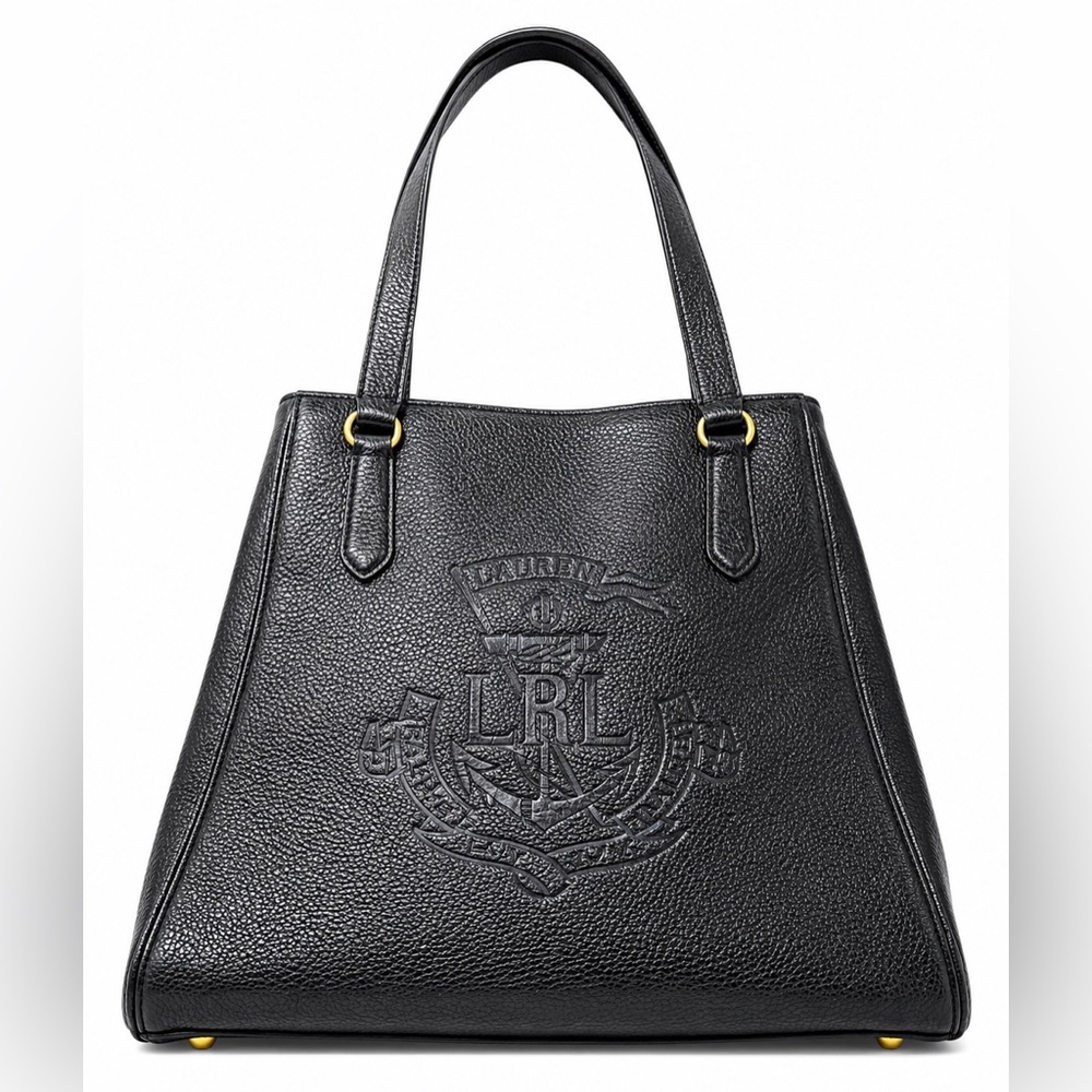 Lauren Ralph Lauren Black Pebbled Leather Tote Bag Large LRL Crest Shoulder Bag